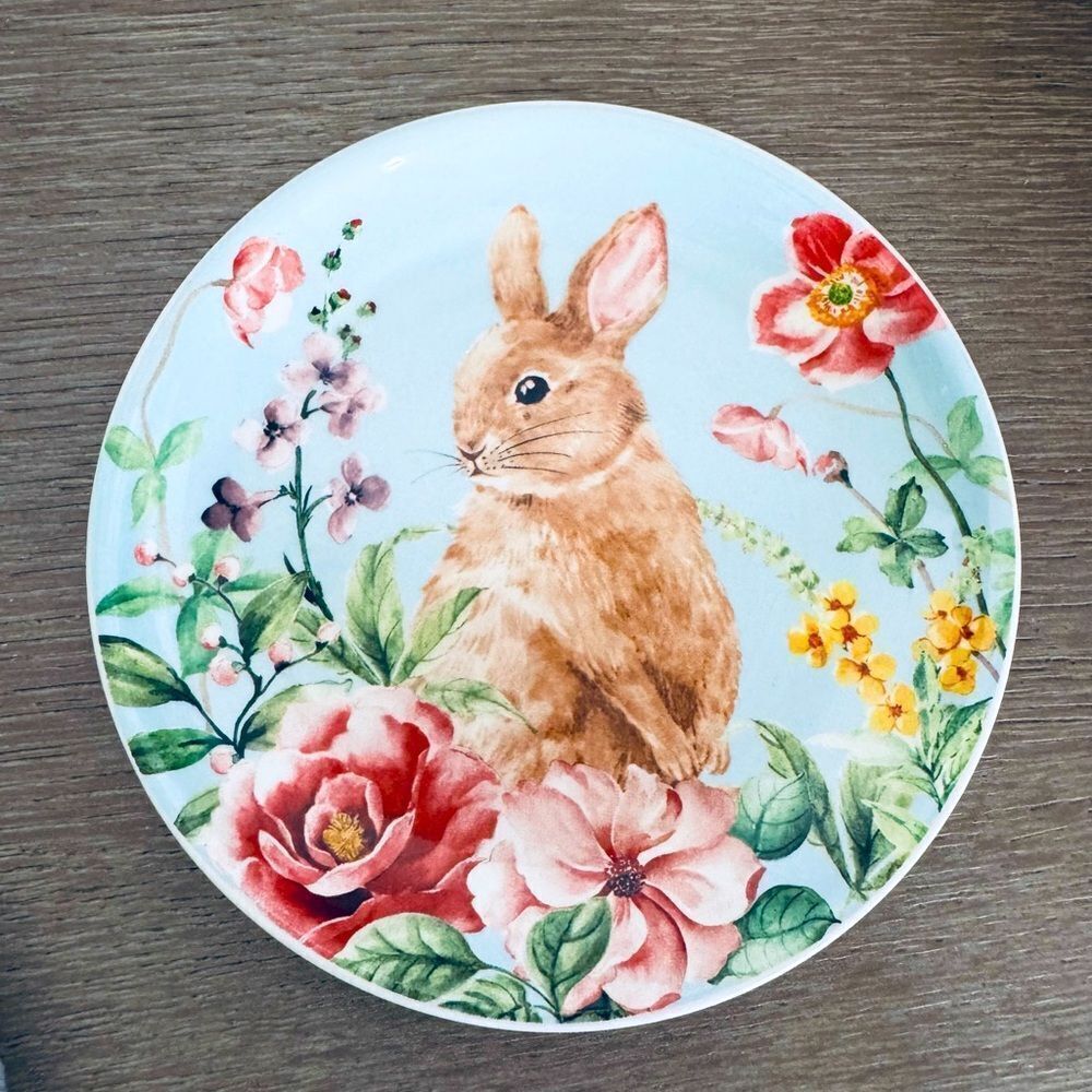 Easter Bunny Rabbit Blue Floral Trinket Tray Ceramic Plate